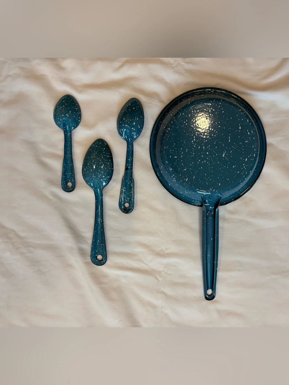 Vtg NEW Troqueles Mexico Turquoise 7 1/4” Skillet & 3 Matching Spoons Enamelware
